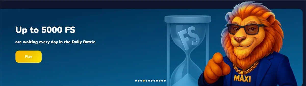 Blue promo banner offering “Up to 5000 FS” for a Daily Battle, with a Play button, an hourglass icon, and a cartoon lion mascot in glasses and a suit.
