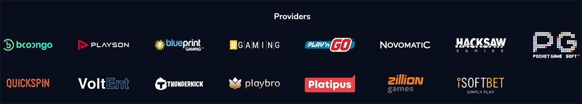 Casino “Providers” banner showing multiple game studio logos, including Booongo, Playson, Blueprint Gaming, BGaming, Play’n GO, Novomatic, Hacksaw Gaming, Pocket Game Soft, Quickspin, VoltEnt, Thunderkick, Playbro, Platipus, Zillion Games, and iSoftBet.