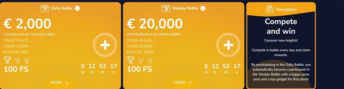 Three promo panels for casino tournaments: a “Daily Battle” with €2,000 prize pool and 100 free spins, a “Weekly Battle” with €20,000 prize pool and 100 free spins, and a description card titled “Compete and win” explaining daily and weekly rewards.