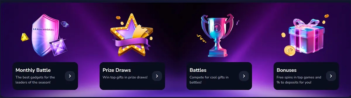 Purple rewards hub banner with four feature cards—Monthly Battle, Prize Draws, Battles, and Bonuses—illustrated with a leaderboard shield, star trophy, cup, and gift box icons.