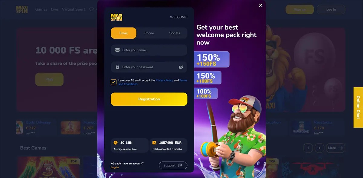 MaxiSpin registration pop-up on the casino homepage, showing email/password sign-up fields and a welcome pack offer (150% + free spins) beside a cartoon fisherman character on a purple background.